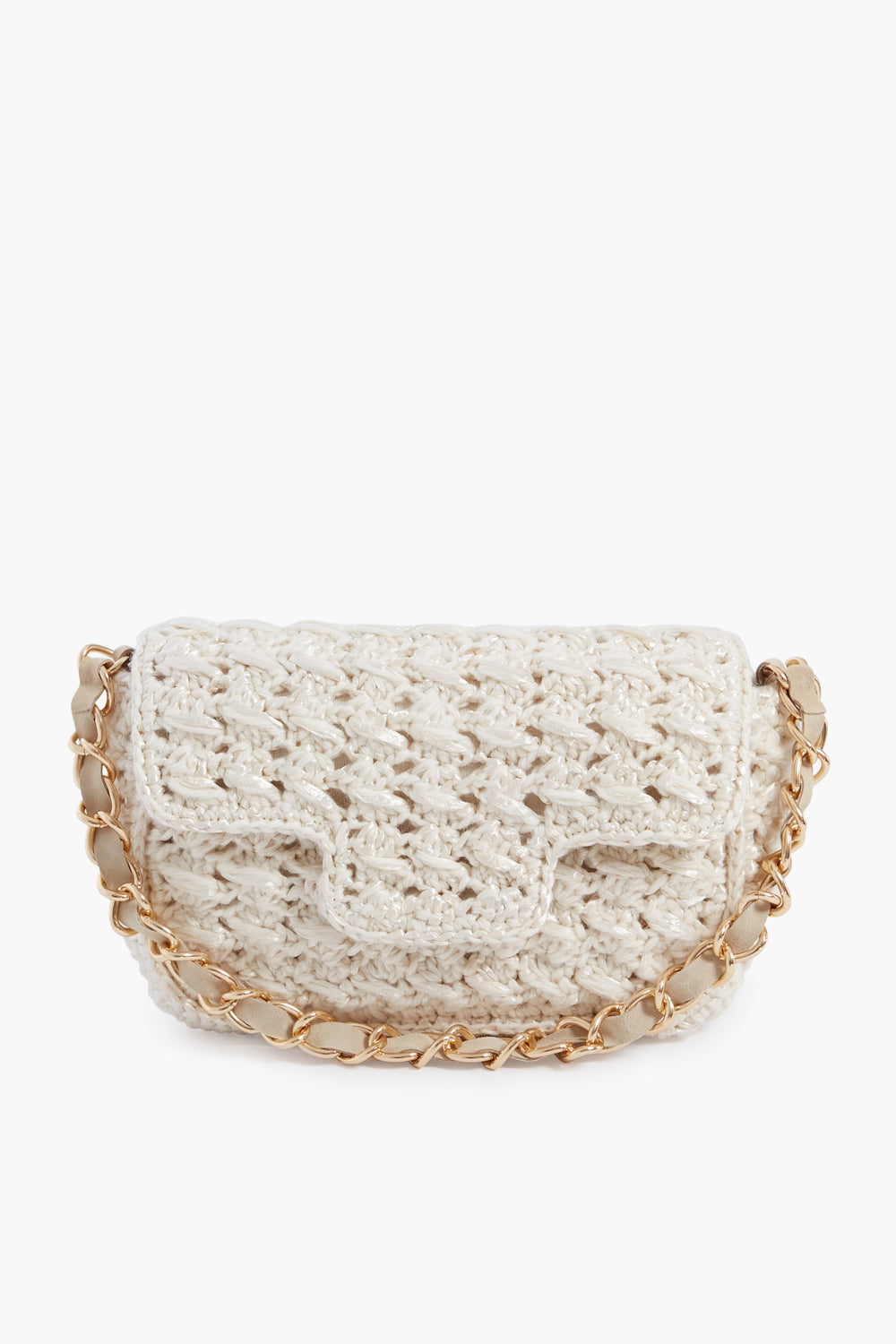 The Caterina Bertini small white crochet bag features a flap closure and gold chain strap, making it a chic woven shoulder bag for any occasion.