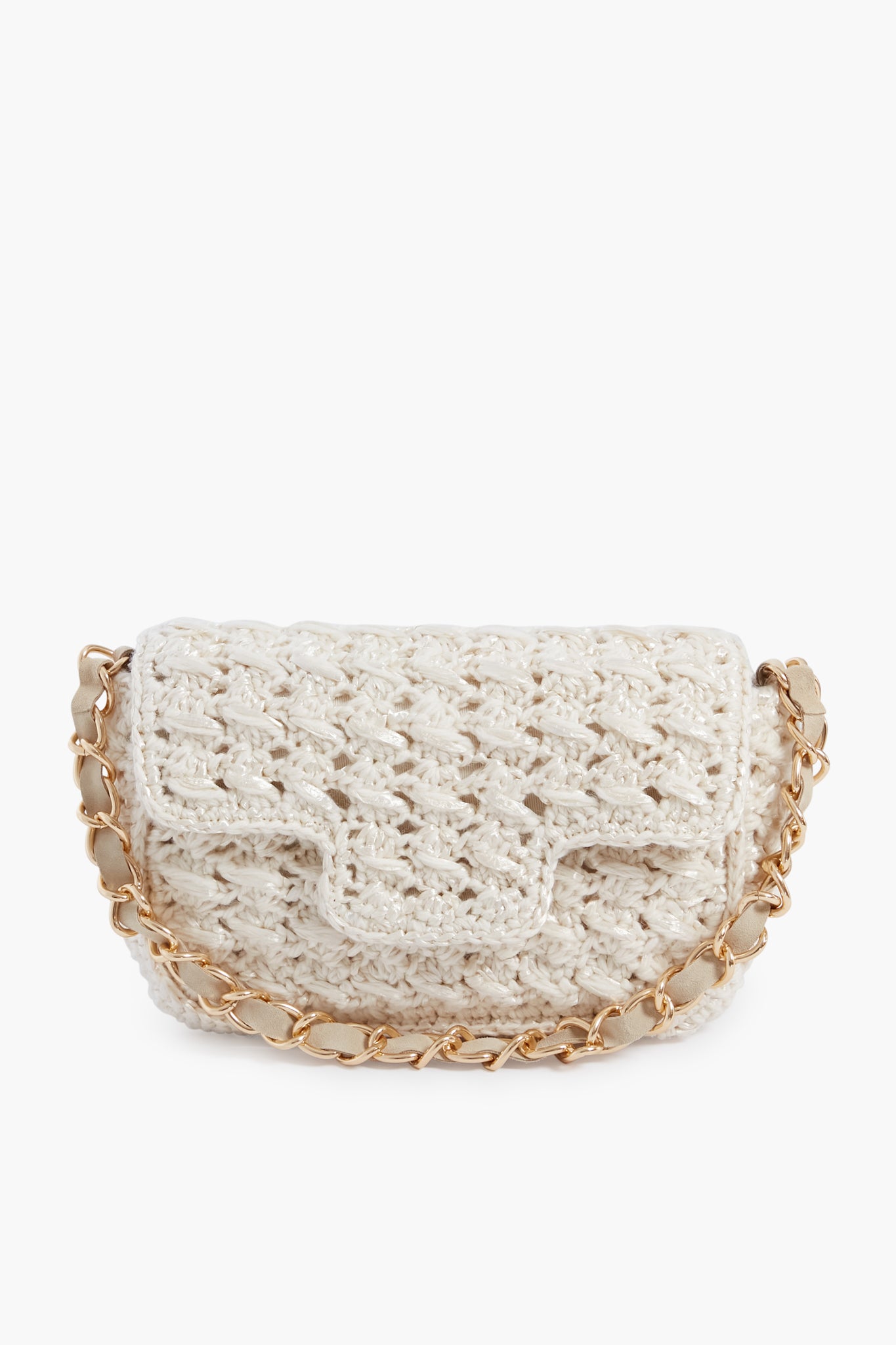 The Caterina Bertini small white crochet bag features a flap closure and gold chain strap, making it a chic woven shoulder bag for any occasion.