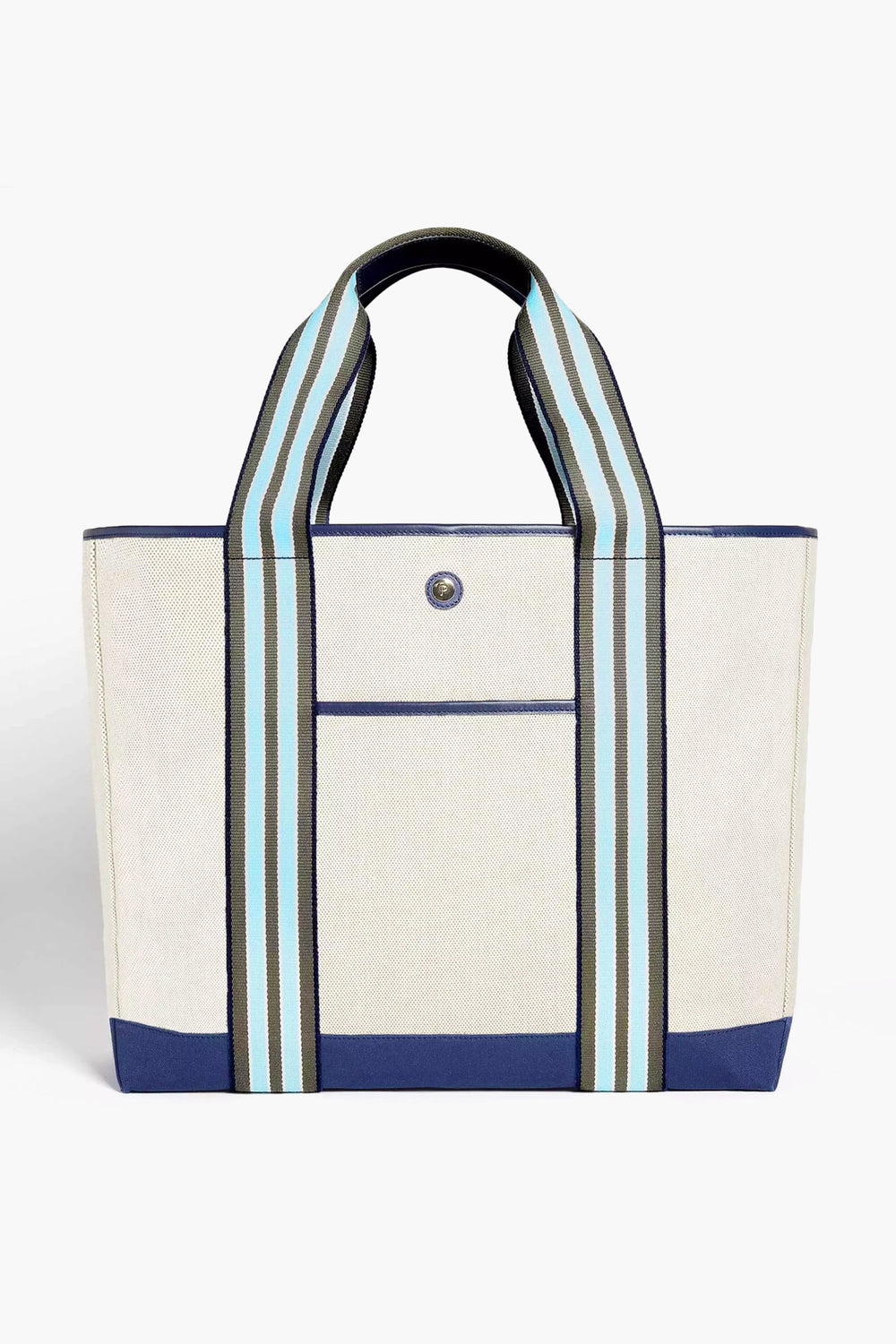 The Paravel tote is a beige canvas bag crafted from recycled materials, featuring blue accents, wide blue/black/white striped handles, a front pocket, and a snap closure.