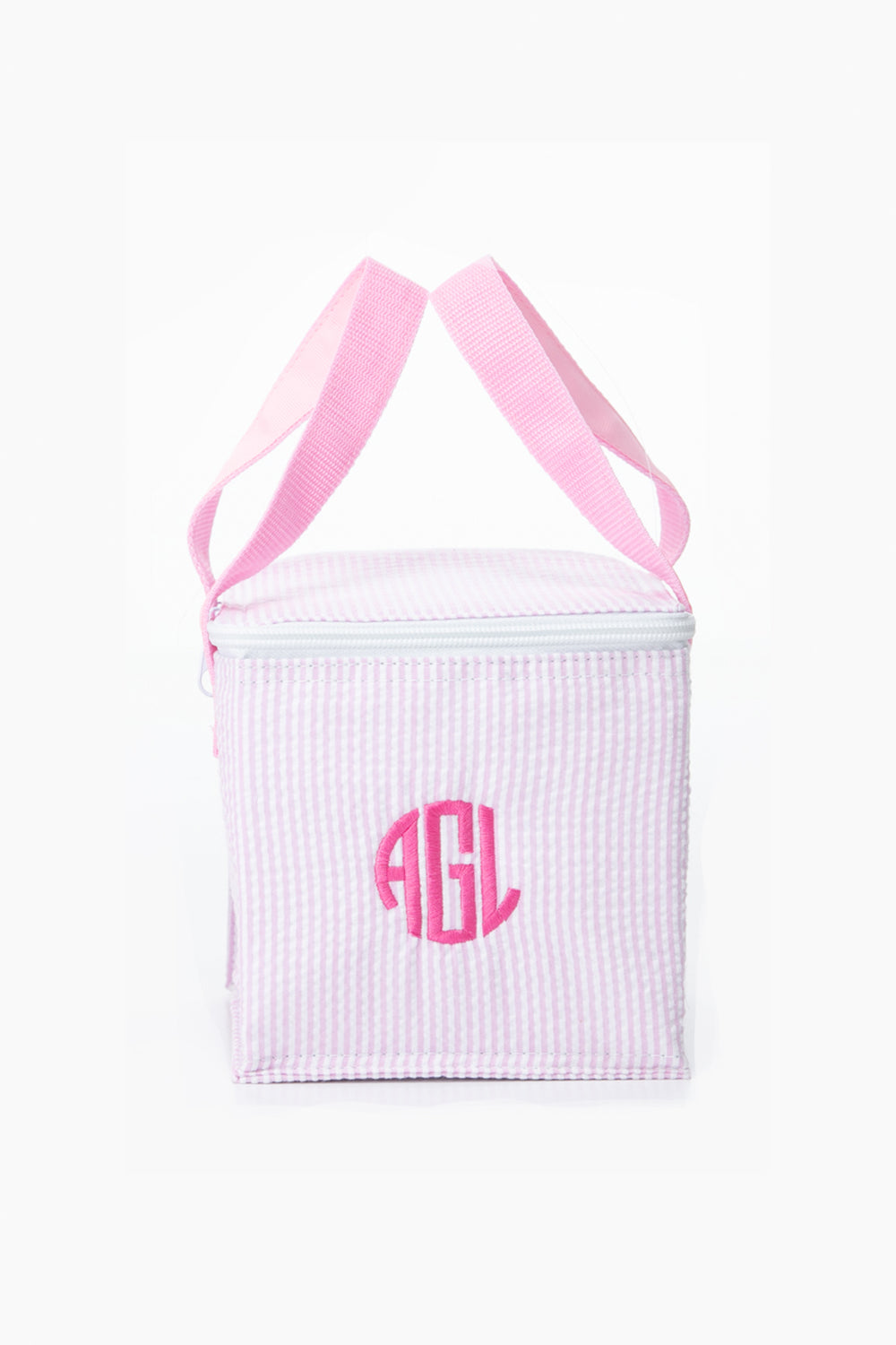 A Caton's Wharf pink and white striped snack bag with pink handles, featuring the initials AGL monogrammed on the front.