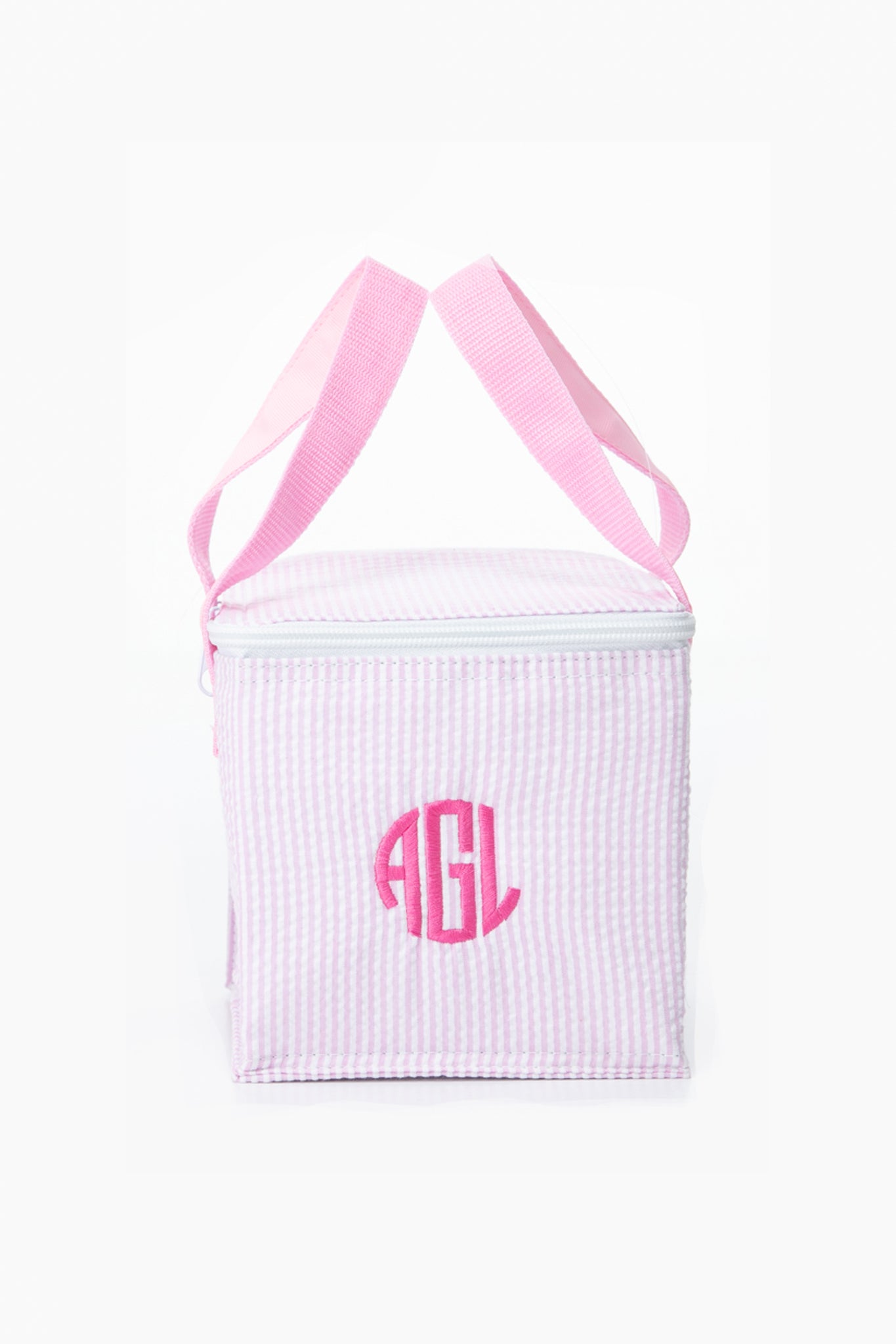 A Caton's Wharf pink and white striped snack bag with pink handles, featuring the initials AGL monogrammed on the front.