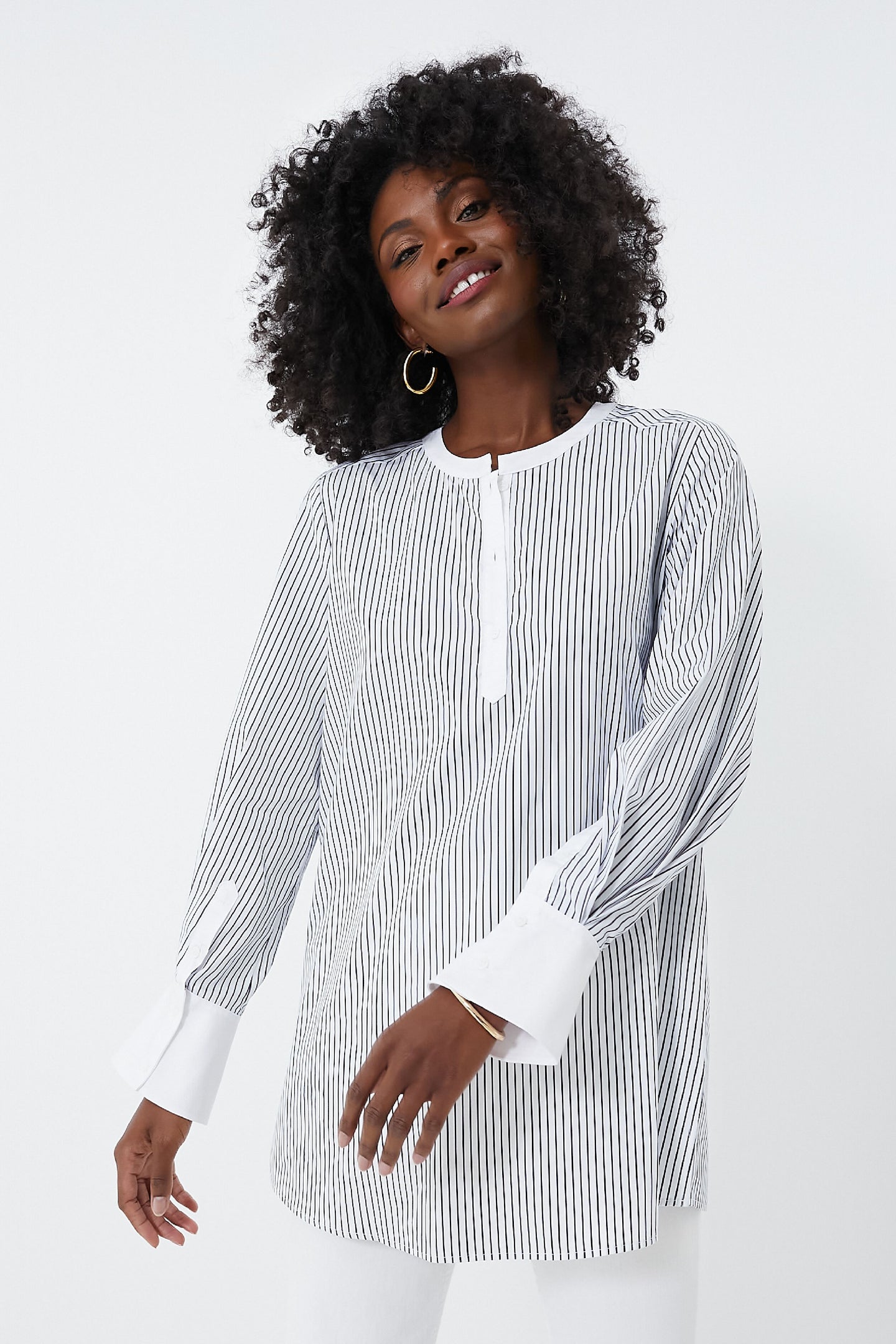 White and Navy Pinstripes Zoe Popover Tunic