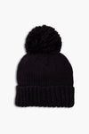 The Look by M black hand knit beanie features a folded brim and a large pom-pom on top.