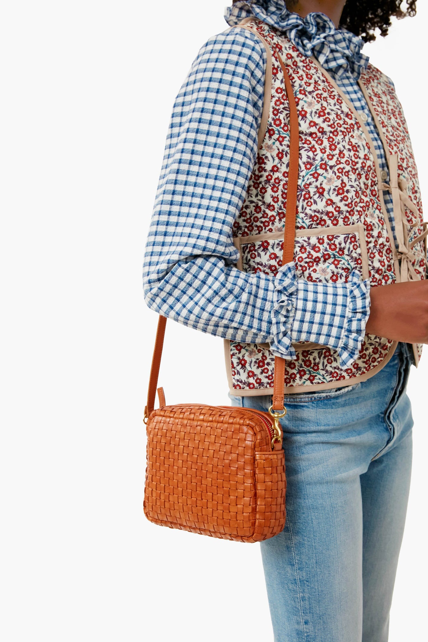 Natural Woven Checker Midi Sac