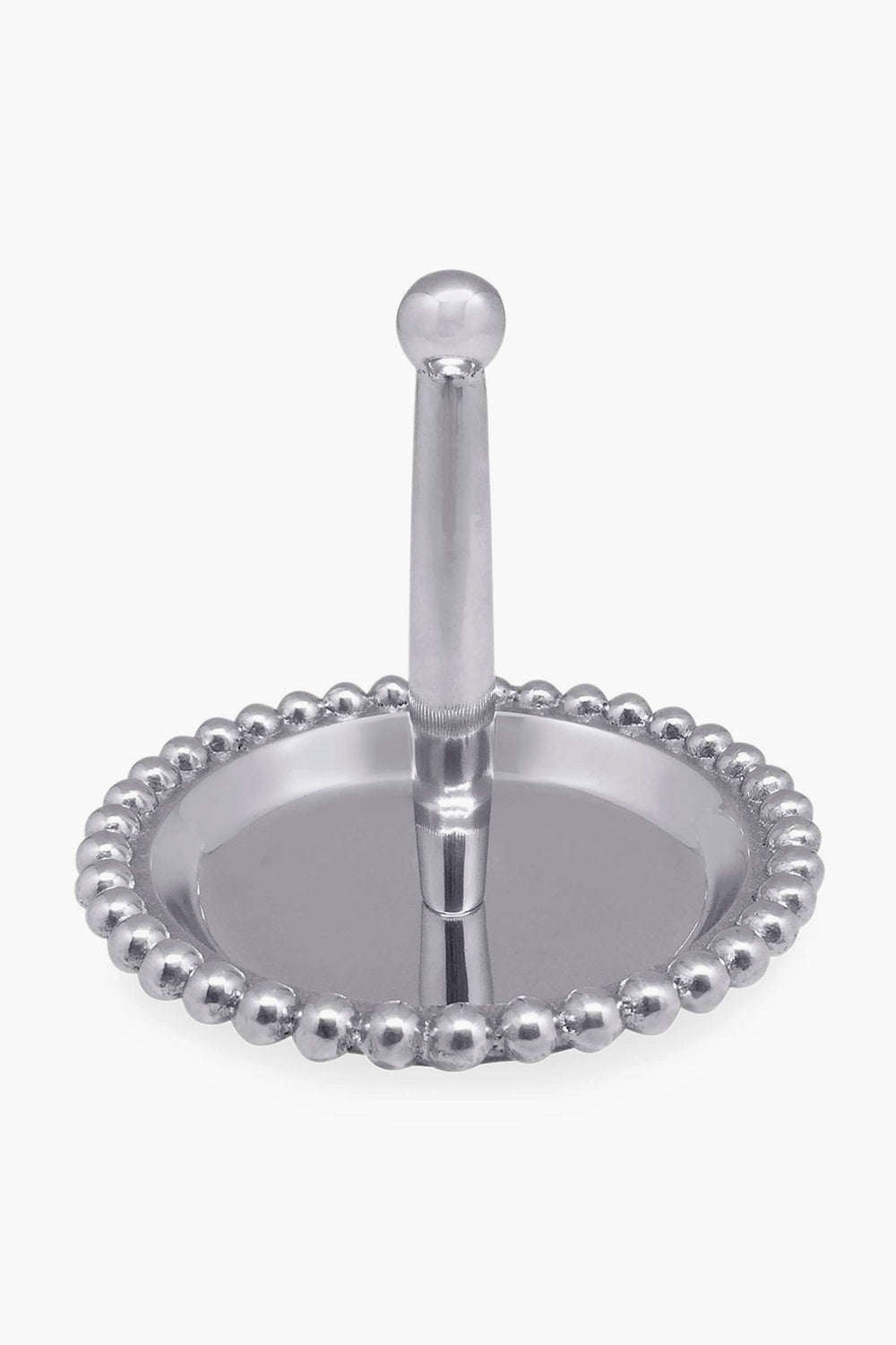 The Mariposa handcrafted Beaded Ring Dish is made from recycled aluminum and features a beaded edge with a central post for holding rings.