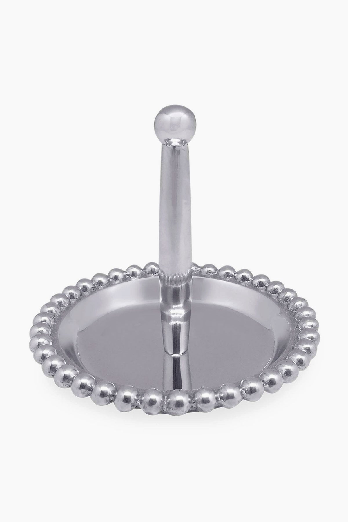 The Mariposa handcrafted Beaded Ring Dish is made from recycled aluminum and features a beaded edge with a central post for holding rings.