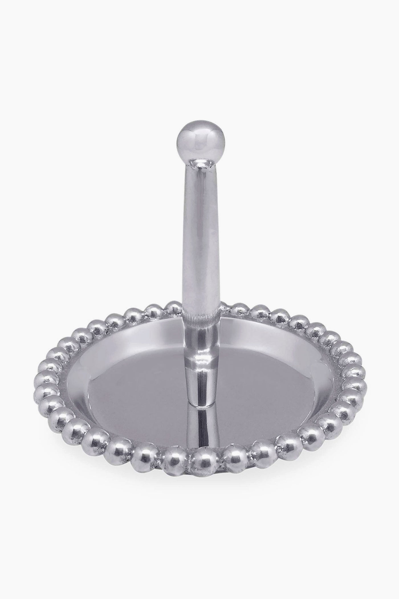 The Mariposa handcrafted Beaded Ring Dish is made from recycled aluminum and features a beaded edge with a central post for holding rings.