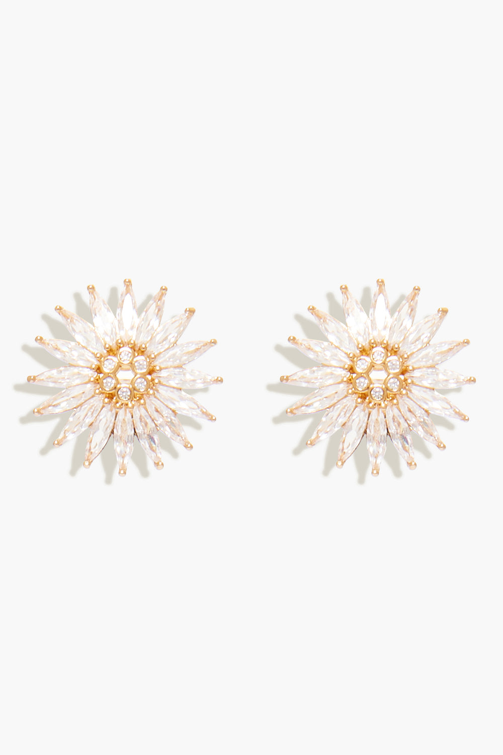 A pair of Mignonne Gavigan gold-plated Crystal Madeline Studs featuring radiating petal-like crystals and clustered round stones at the center.