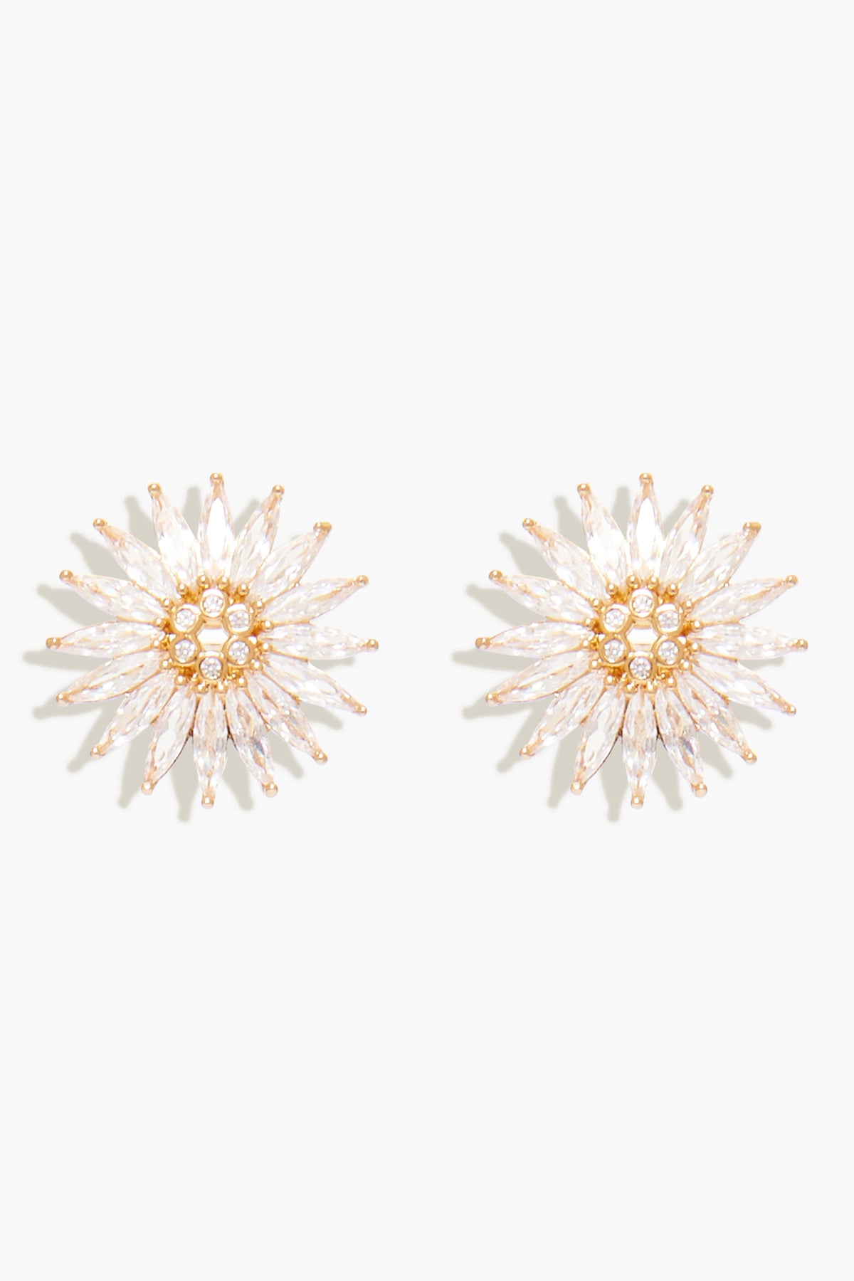A pair of Mignonne Gavigan gold-plated Crystal Madeline Studs featuring radiating petal-like crystals and clustered round stones at the center.