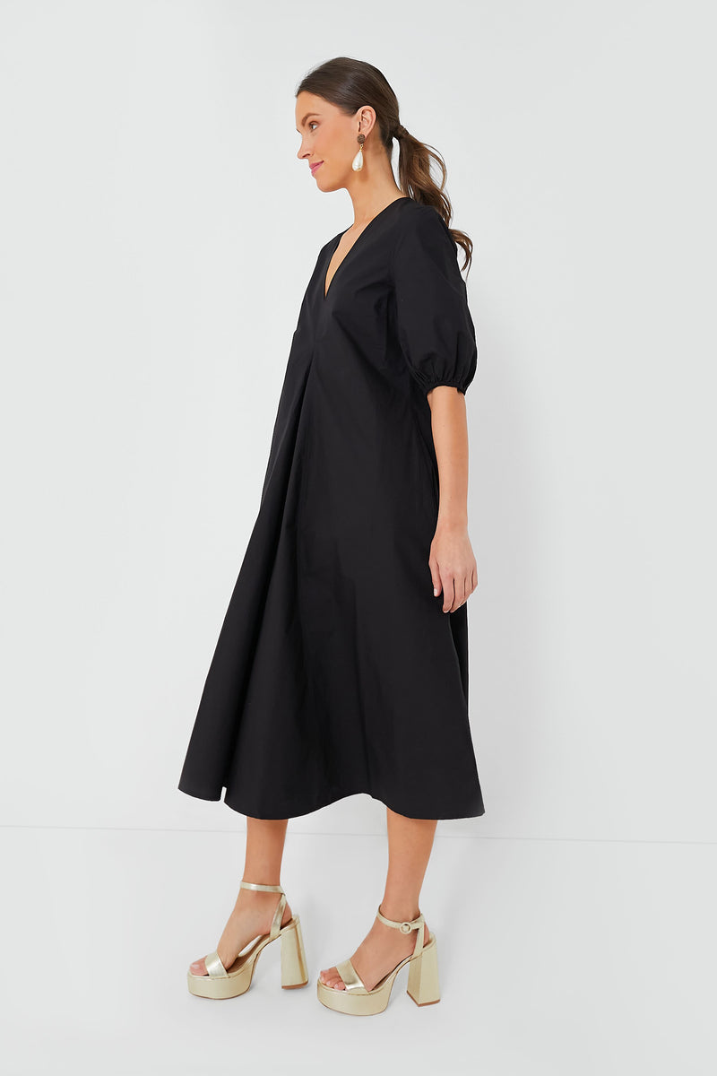 Black Cotton Poplin V-Neck Long Dress