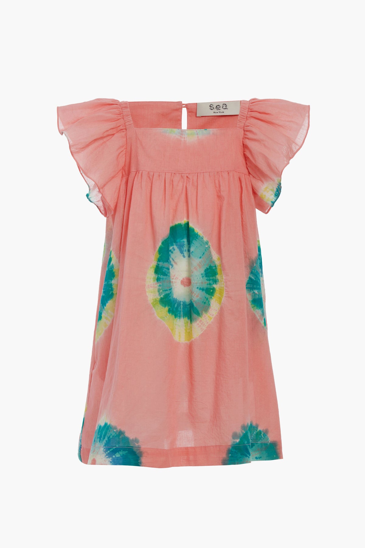 Sea New York girls' pink tie-dye flutter sleeve dress with blue and yellow circular patterns, featuring a back button closure. A playful, vibrant cotton dress perfect for any occasion.