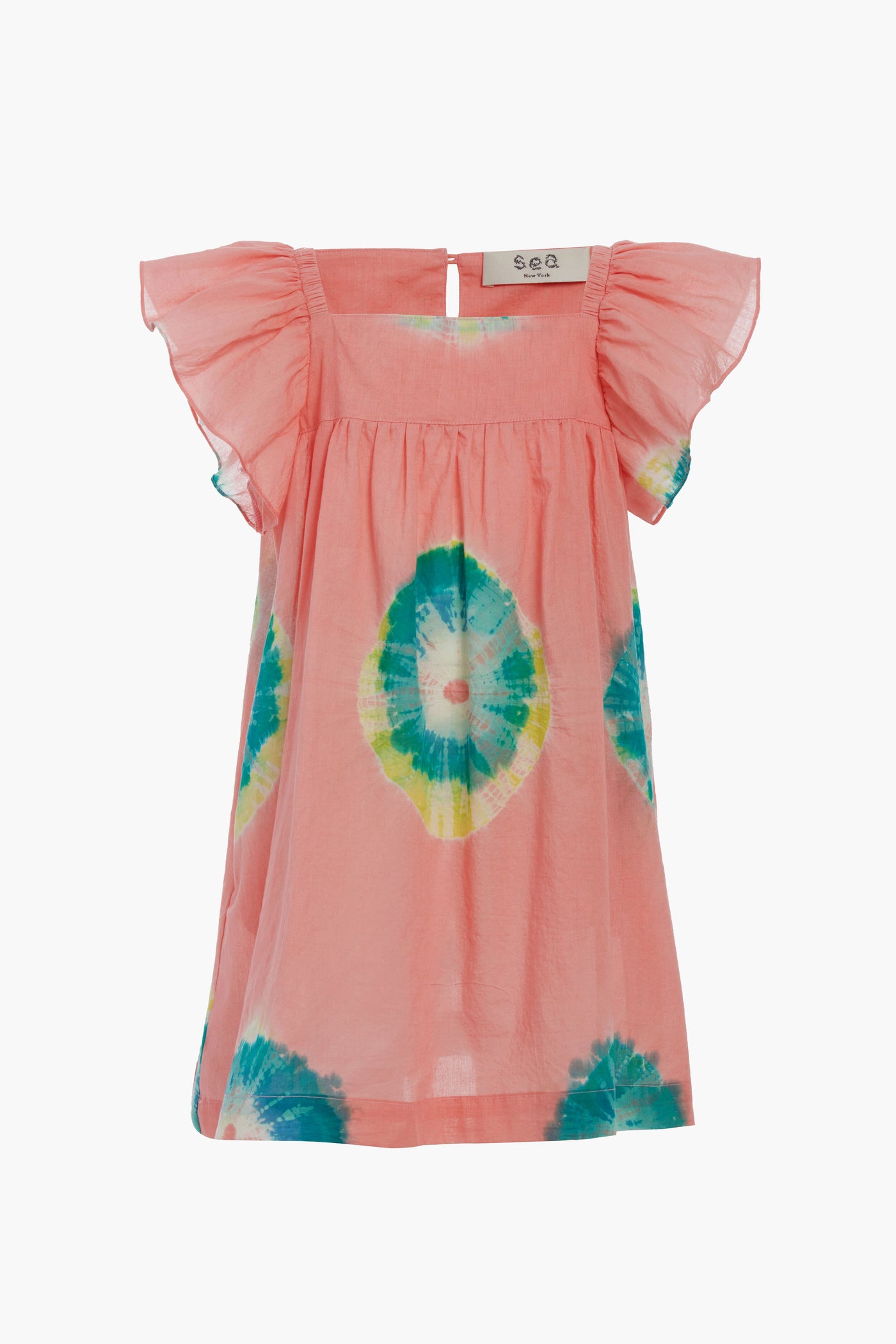 Sea New York girls' pink tie-dye flutter sleeve dress with blue and yellow circular patterns, featuring a back button closure. A playful, vibrant cotton dress perfect for any occasion.