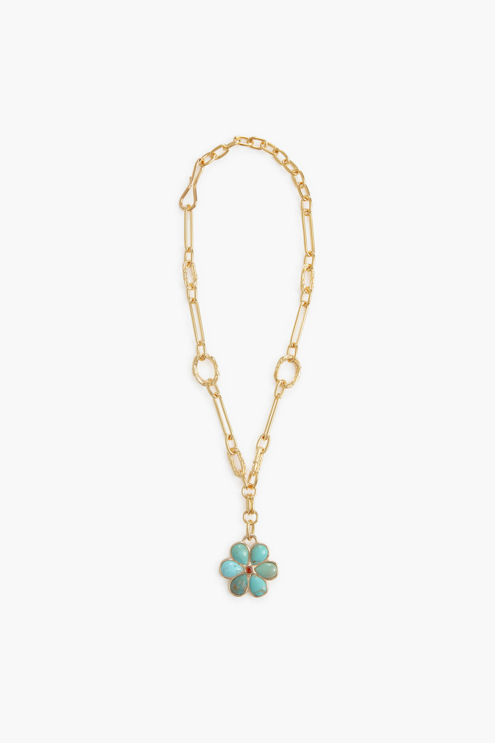 Gold-plated chain link necklace from Lizzie Fortunato, featuring elongated links and a turquoise flower pendant inspired by the Turquoise Desert Daisy Necklace.