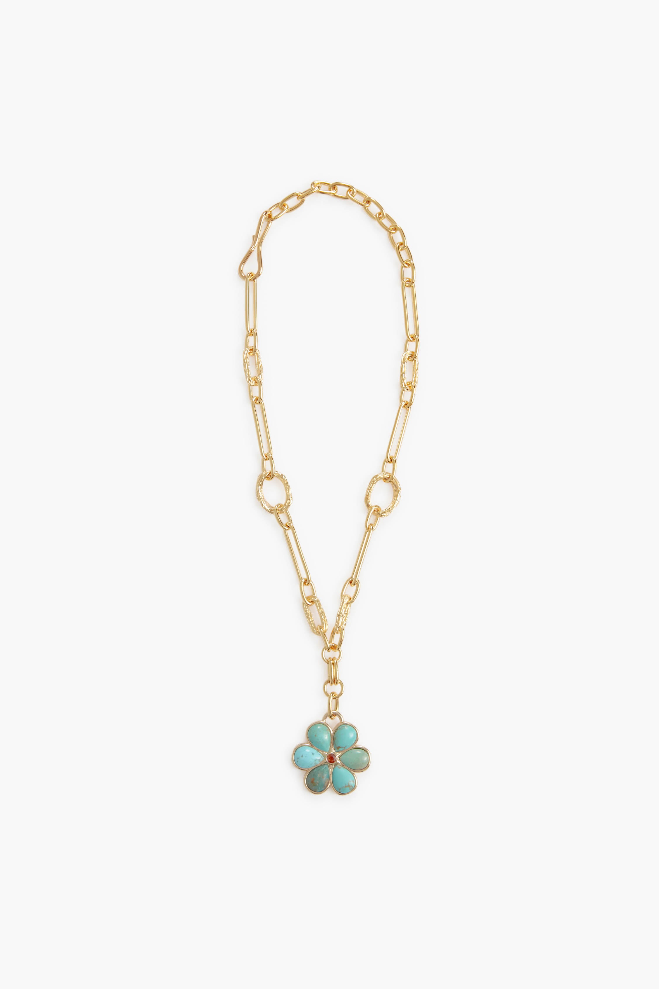 Gold-plated chain link necklace from Lizzie Fortunato, featuring elongated links and a turquoise flower pendant inspired by the Turquoise Desert Daisy Necklace.