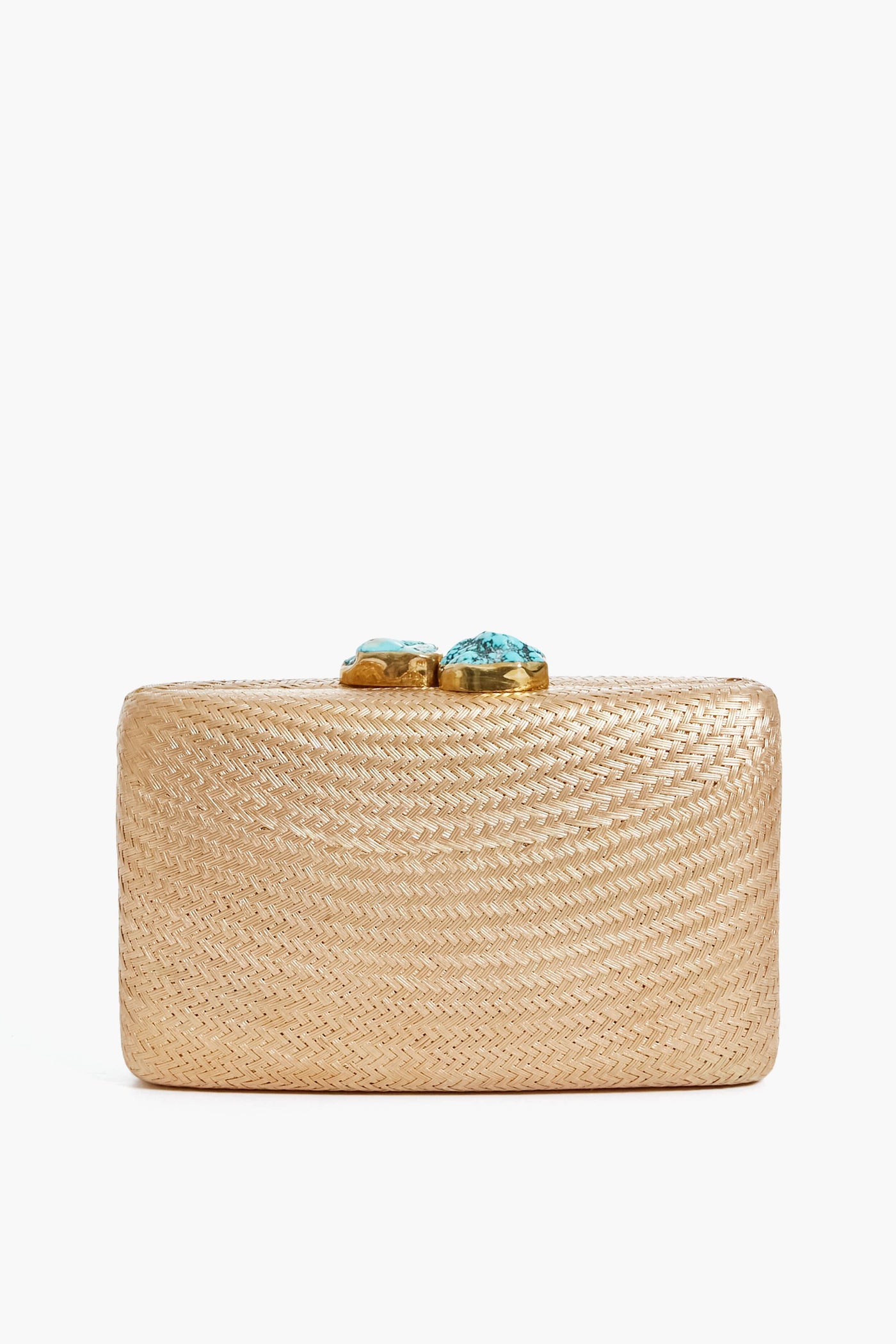 Kayu rectangular woven straw clutch with a textured surface, adorned with two turquoise stones on the clasp—a chic, handcrafted evening bag perfect for sustainable style enthusiasts.