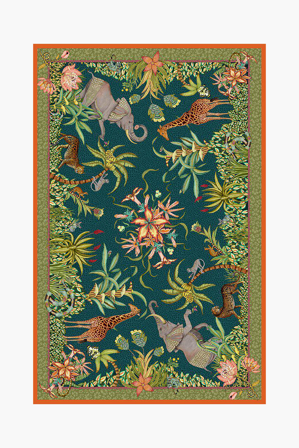A rectangular Ardmore Design tapestry with a green and orange border, illustrated elephants, leopards, birds, and tropical plants. Inspired by South African art, it’s a striking modern collectible or unique linen tablecloth.