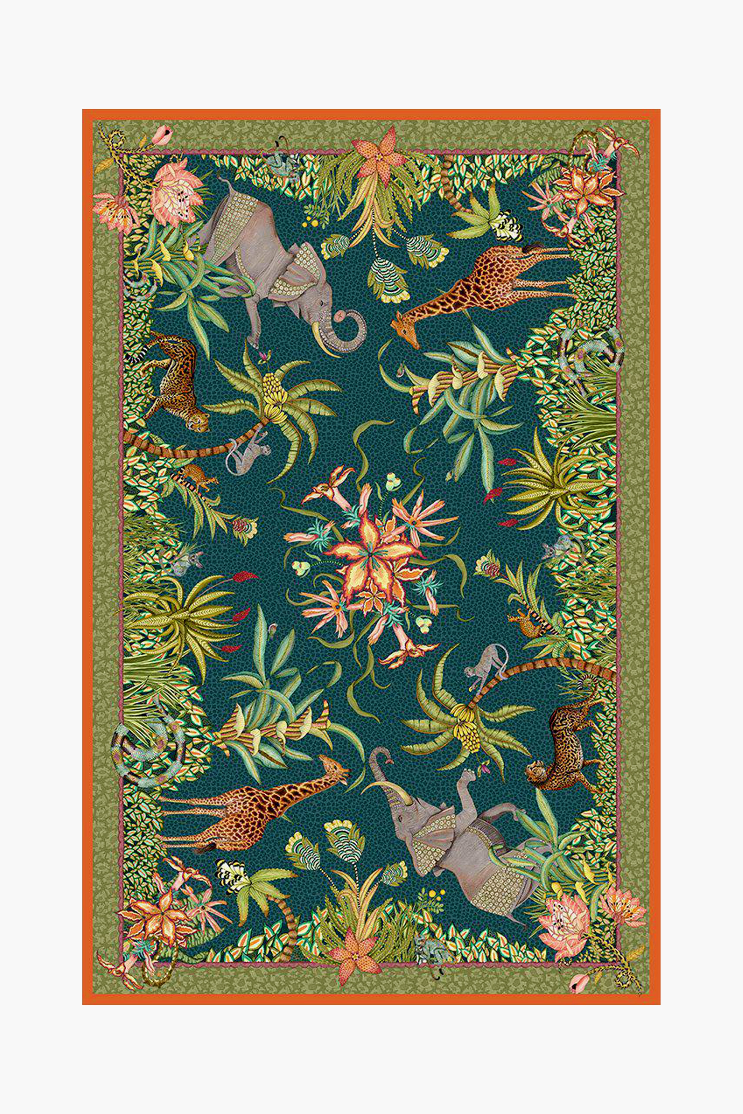 A rectangular Ardmore Design tapestry with a green and orange border, illustrated elephants, leopards, birds, and tropical plants. Inspired by South African art, it’s a striking modern collectible or unique linen tablecloth.