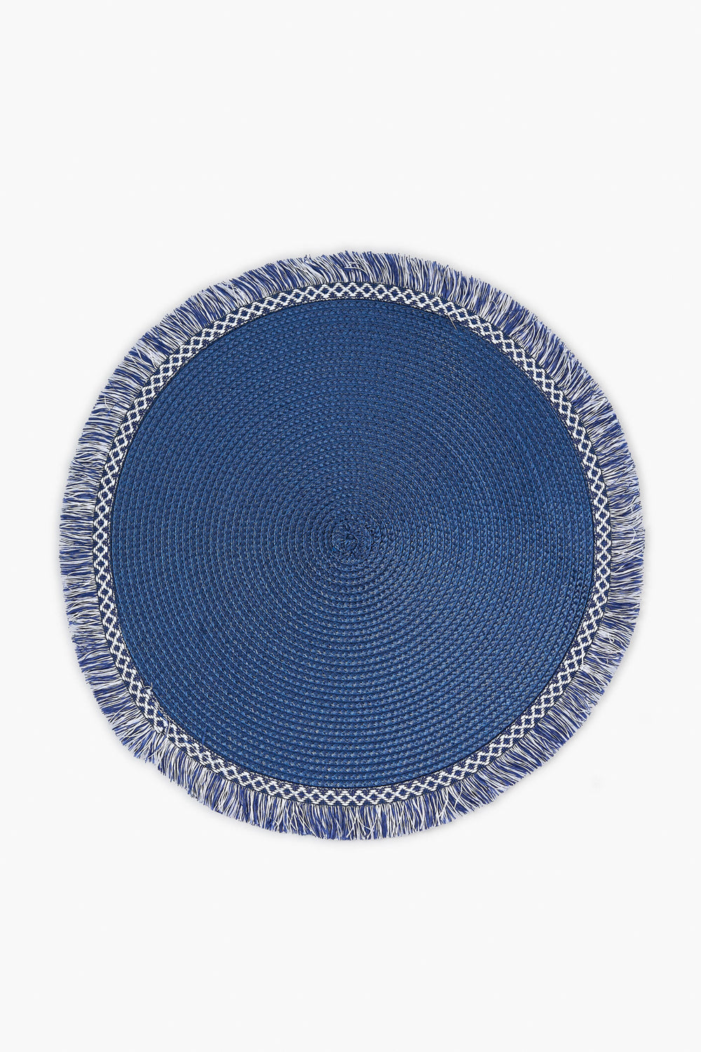 Caton's Wharf Midnight Blue Round Fringed Placemat features a fringe border and white decorative stitching—perfect for adding stylish flair to your monogram home table setting.
