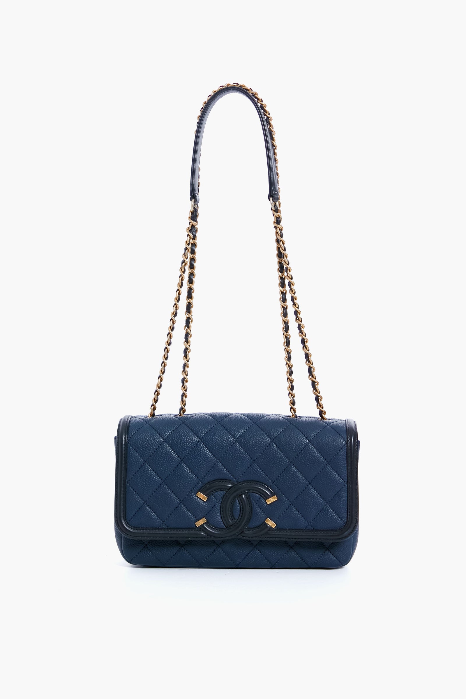 CHANEL Black and Navy Filigree Flap Shoulder Bag
