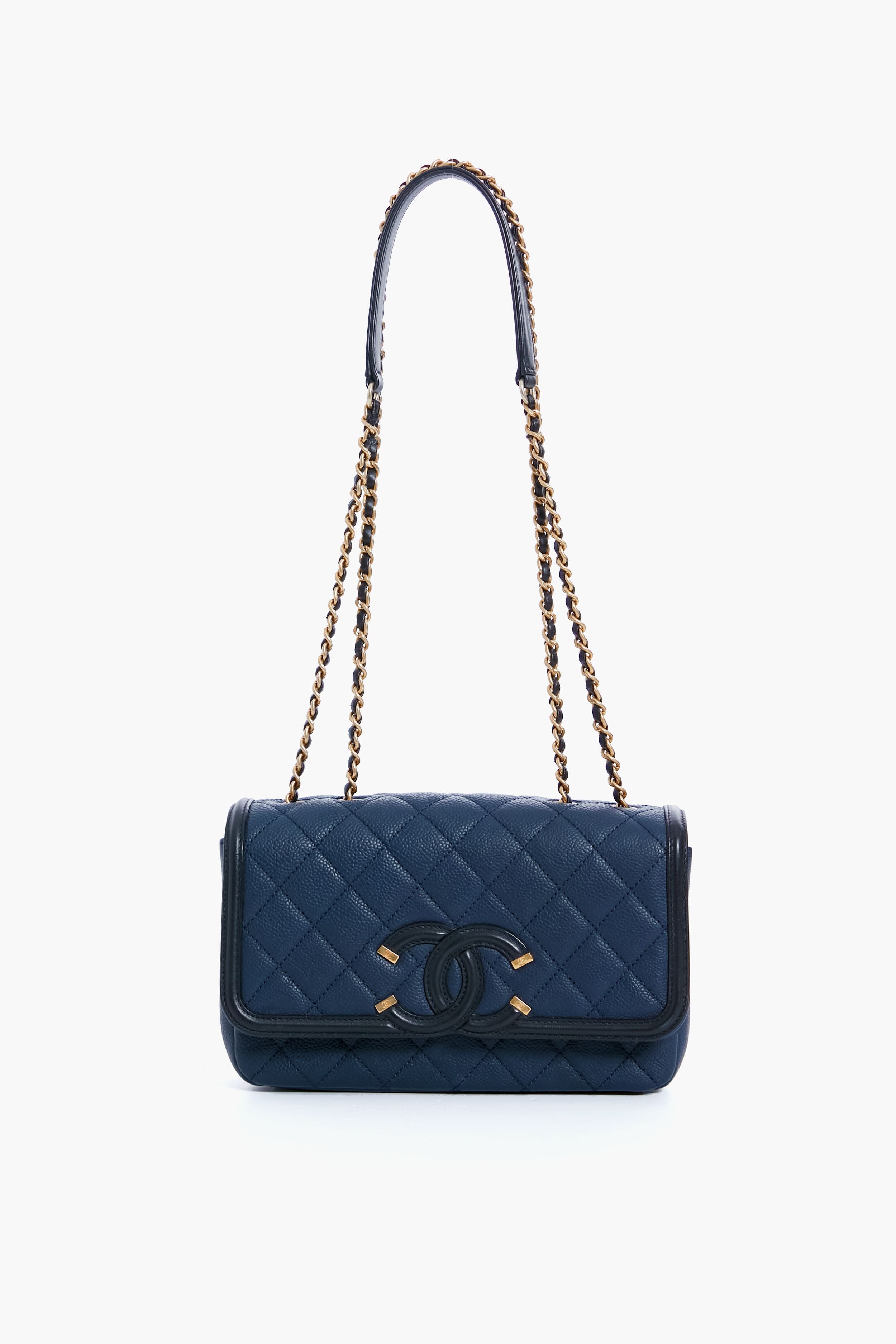 CHANEL Black and Navy Filigree Flap Shoulder Bag
