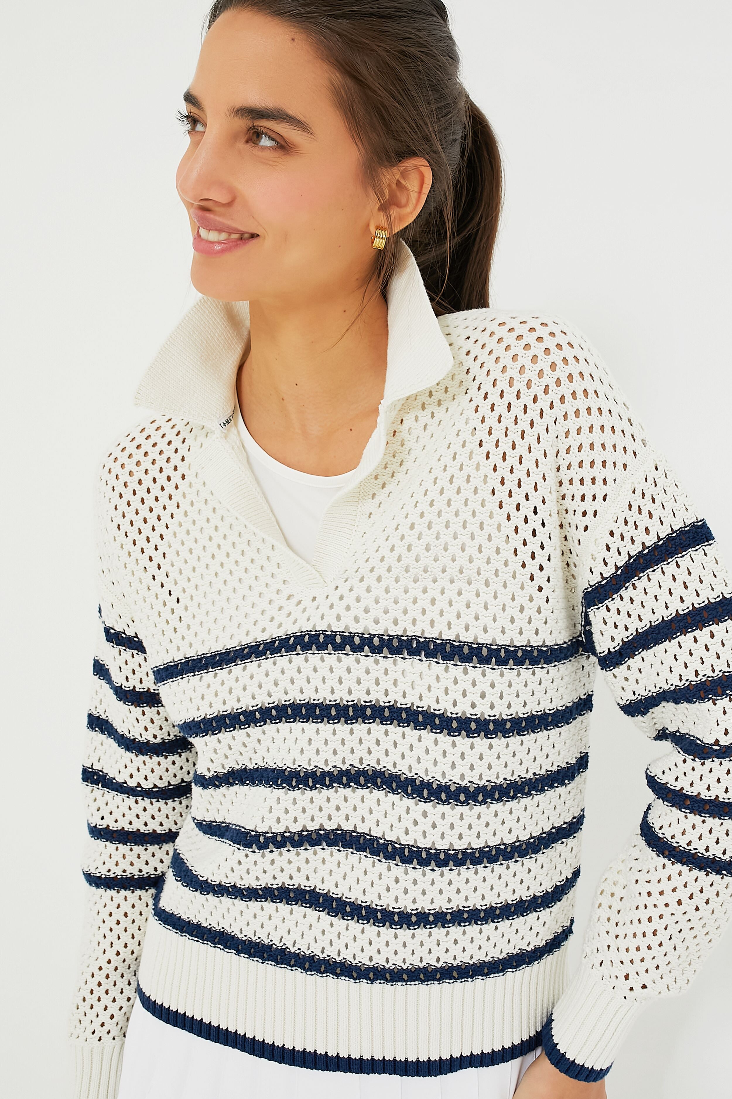 White Stripe Mesh Fischer Sweater