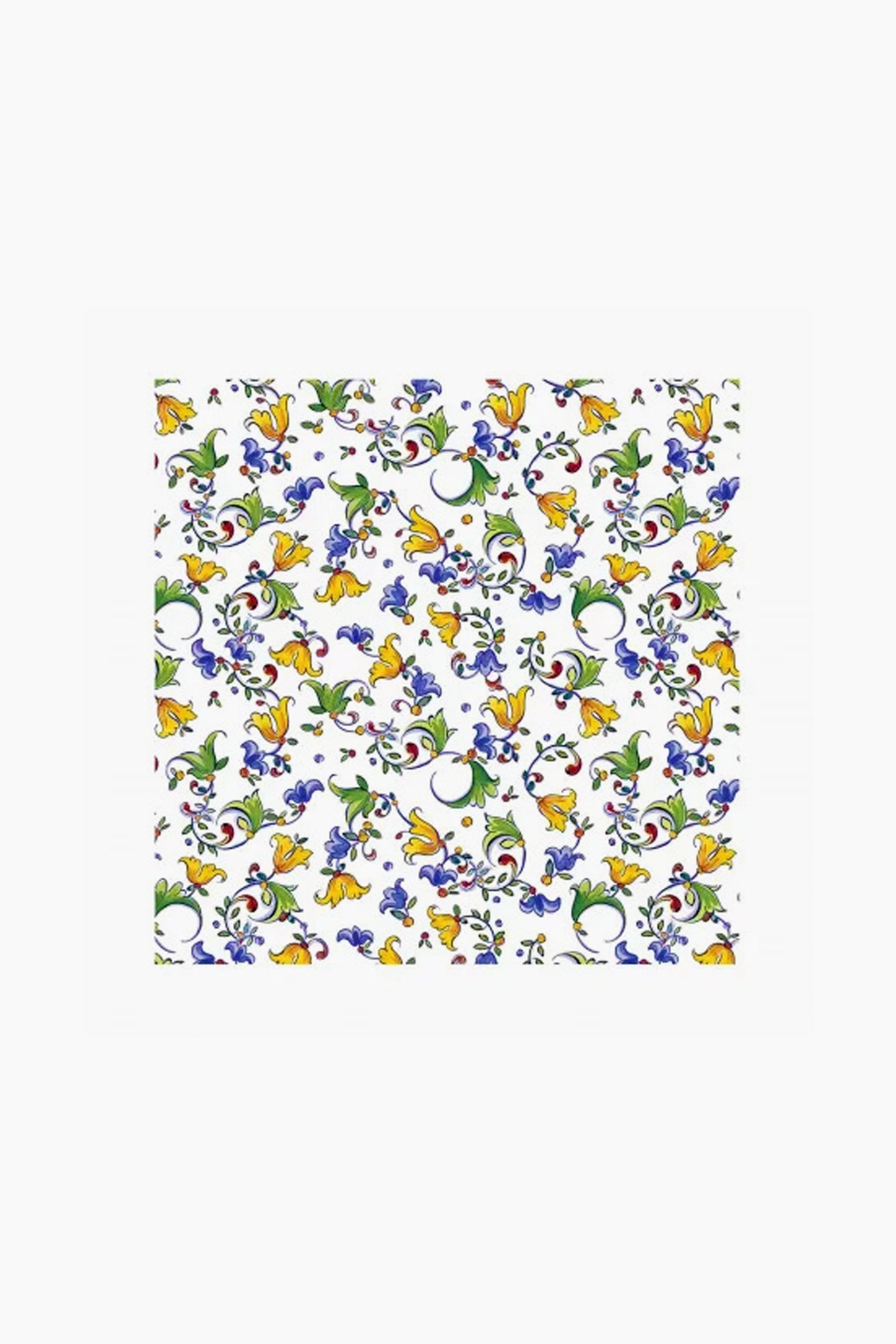 A square Le Cadeaux tablecloth featuring yellow and blue floral designs with green leaves, perfect for Italian table decor and stylish waterproof protection.