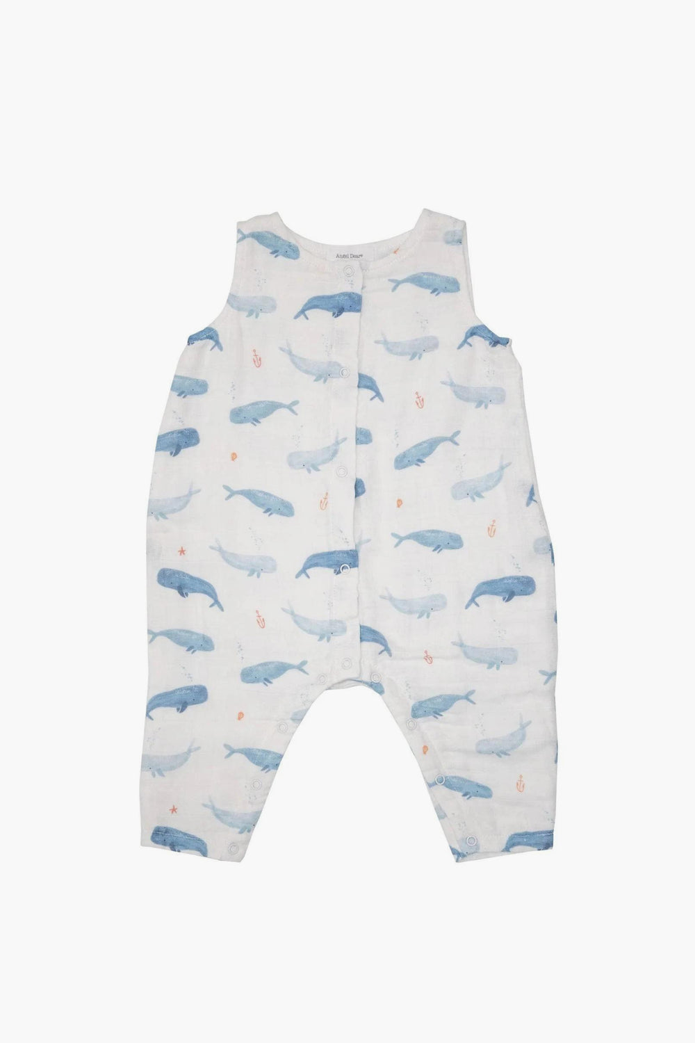 Angel Dear sleeveless white baby romper with a blue whale print and front snap closures, made from soft organic cotton for comfort.