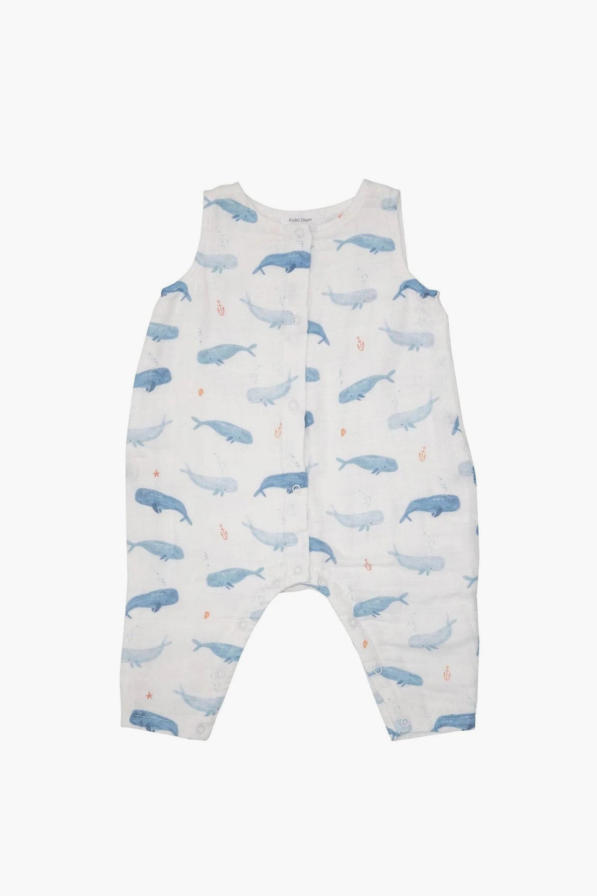 Angel Dear sleeveless white baby romper with a blue whale print and front snap closures, made from soft organic cotton for comfort.