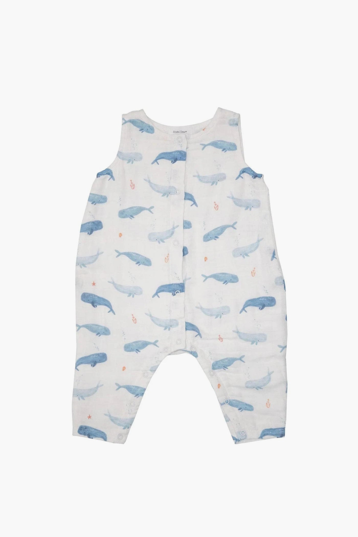 Angel Dear sleeveless white baby romper with a blue whale print and front snap closures, made from soft organic cotton for comfort.