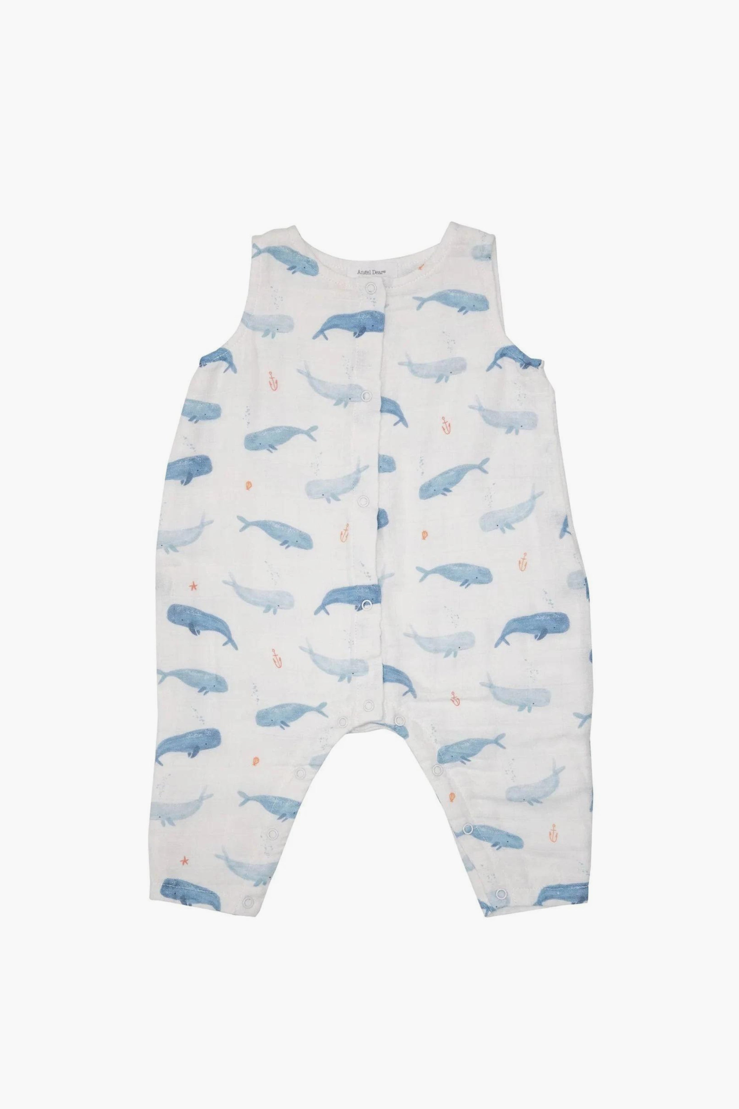 Angel Dear sleeveless white baby romper with a blue whale print and front snap closures, made from soft organic cotton for comfort.